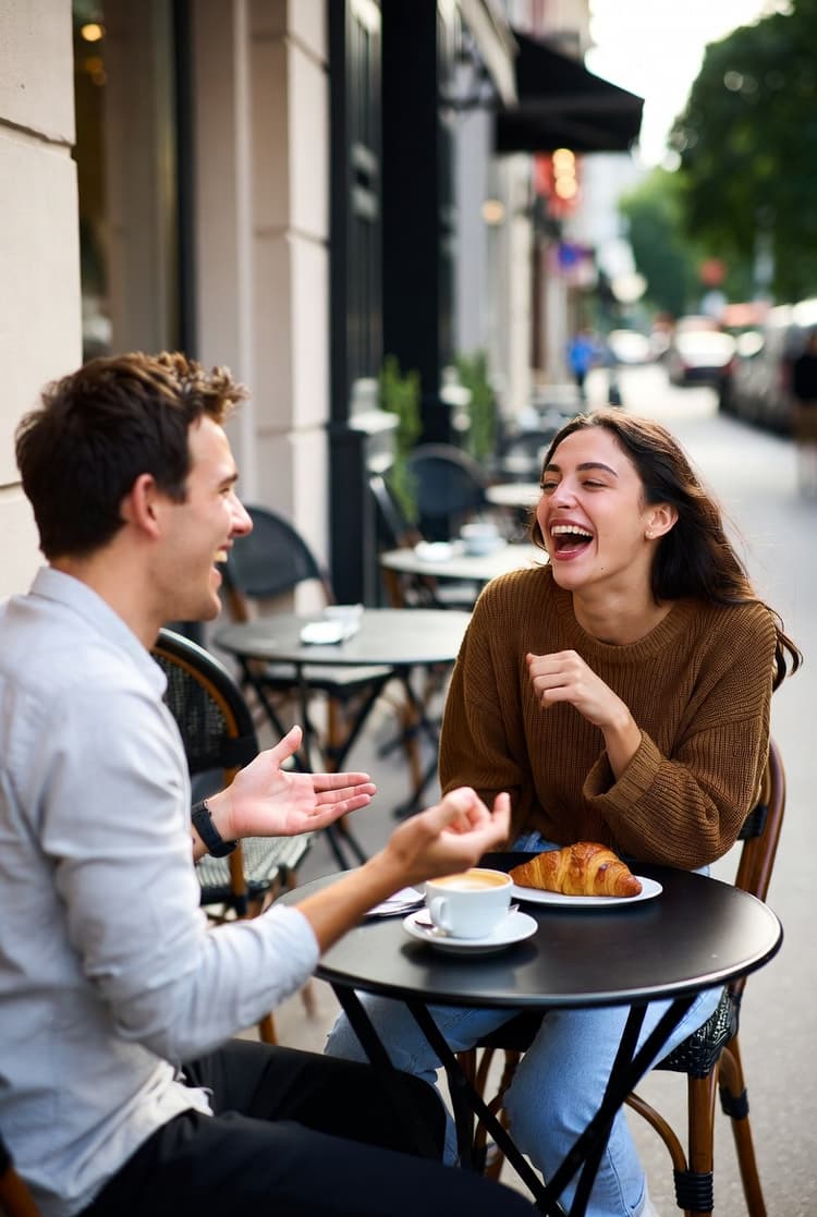 Two people laughing at an outdoor café